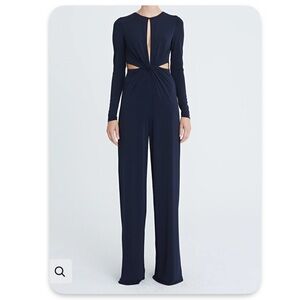 Halston Kathryn Jersey Twist Front Long Sleeve Jumpsuit  Navy Size 16